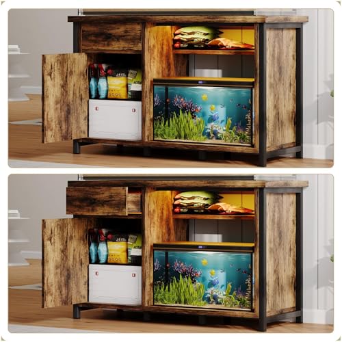 4ever2buy 55-75 Gallon Fish Tank Stand with Power Outlets, LED Light, Heavy Duty Aquarium Stand with Cabinet for Fish Tank Accessories Storage, for Turtle Tank, Reptile Terrarium, 1100LBS, Black - color: Brown and Black