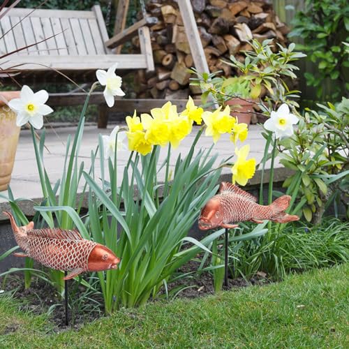 Garden Statues Koi Fish Decor Outdoor Garden Fish Statues, Set of 2 Antique Copper Koi Art Sculptures for Patio, Backyard, Pond and Home Decor, Best Gardening Gifts for Women Mom - size: Large-14 inches Long
