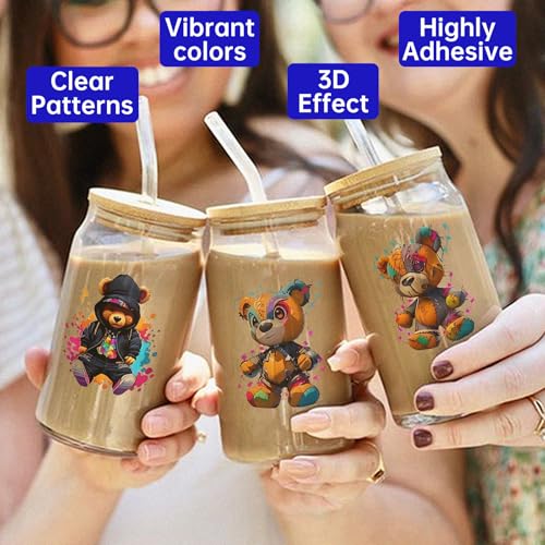 UV DTF Cup Wrap for 16oz Glass, 12 Sheets Street Style Bear Transfer Stickers, Rub on Transfers for Cup Tumbler - style: Street Style Bear