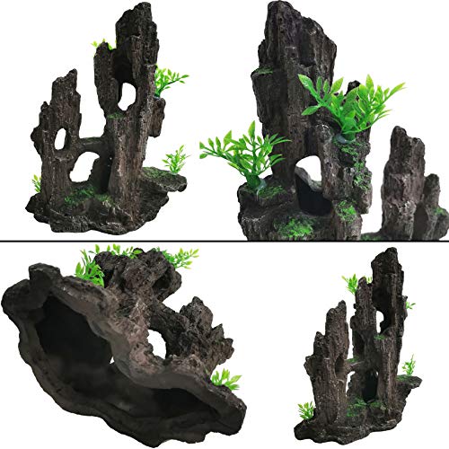 kathson Aquarium Mountain View Stone Resin Fish Tank Decoration Betta Hideout Caves Rockery Landscape Tree Rock Hiding Cave Decor for Small Fish Shrimp Play Ornament - size: 8.0〞L x 4.3〞W x 10.4〞H