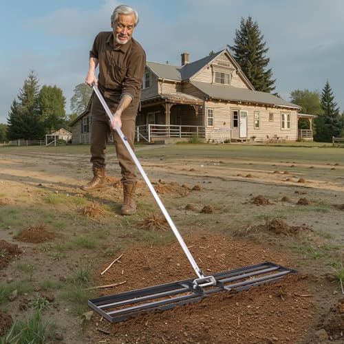 VEVOR Lawn Leveling Rake, Lawn Leveler with 83.9 in Handle, 48x10 in Ground Plate, Rust-Resistant Carbon Steel Soil Leveler, 2 Heights Adjustable, Effort Saving Lawn Leveling Tool for Yard Golf Court - size: 48"x10", style: Classic: Carbon Steel