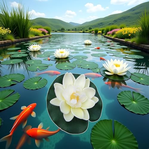 2Pcs Artificial Floating Foam Lotus Flowers White with Water Lily Pad Ornaments,for Patio Koi Pond Pool Aquarium Home Garden Wedding Party Holiday Decoration Water Gardens and Ponds
