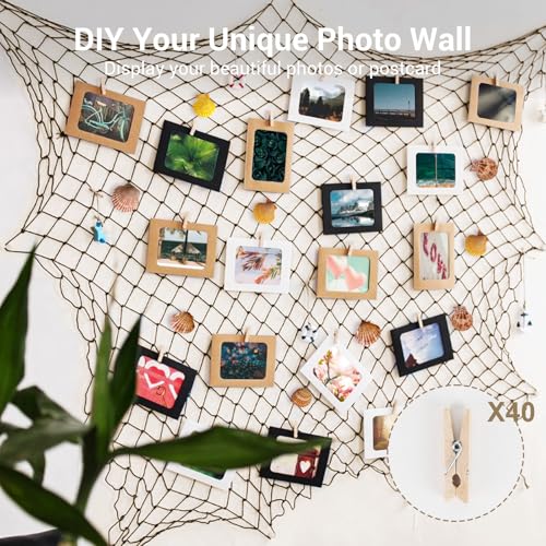 80x40 Inch Decorative Fishing Net w/Shells & Clips, 3mm Brown Natural Cotton Large Photo Hanging Fishnet, Wall Halloween Party Decorations for Nautical Pirate Hawaii Underwater Mermaid Themed Party - color: Caramel, size: Large - 1 Pack with shells