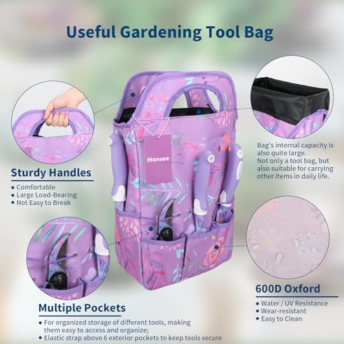 Purple Garden Tool Sets 10-Piece, Aluminum Alloy Steel Hand Tools w/Non-Slip Ergonomic Handle, Floral Print Garden Supplies Organizer Handbag, Cute Gardening Tools Gift for Women Grandmother - style: Purple