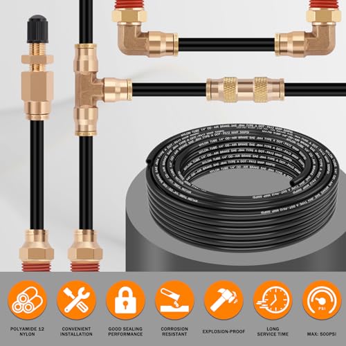CheeMuii 50 FT 1/4 Pneumatic Tubing 1/4" PA12 Nylon DOT Air Line SAE J844 DOT Air Hose 15.3 Meter 1/4 Inch OD Pneumatic Air Tubing Pipe Hose Line - color: Black, size: 1/4"OD-50FT