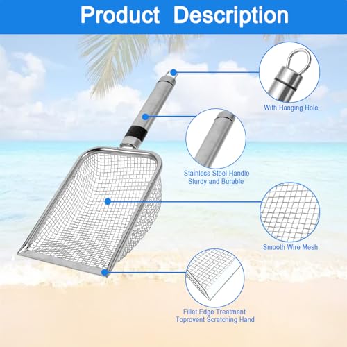 Beach Mesh Shovel & Sifter with Bag - Stainless Steel Sand Filter Scooper for Shark Tooth, Shell & Fossil Hunting, Beachcombing Tool with Mesh Collection Bag