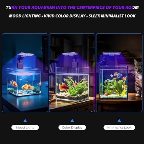 Mini Clip-On Aquarium Light 7W USB Dimmable Fish Tank Lamp with 3 Light Modes (Full Spectrum/White/RGB), 9-Level Brightness, Compact LED Light for 1–3 Gallon Aquariums (Adapter Not Included) - color: Black