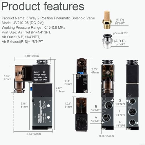 Pneumatic Solenoid Valve, 5 Way 2 Position 1/4”NPT Single Coil Pilot-Operated Electric Air Control Valve 4V210-08 (DC12V Junction Box) - style: DC12V Junction Box
