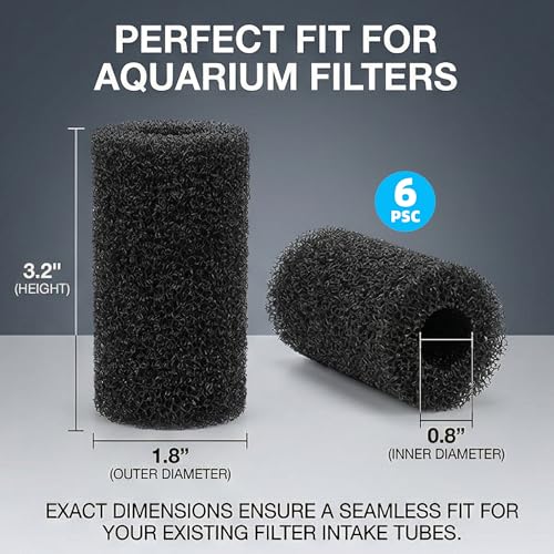 6 Pack Pre-Filter Sponge for Aquarium Fish Tank, 3.14" x 1.37" Black Intake Foam Cover Replacement, High Density Bio Sponge Roll for Freshwater Saltwater Filters, Includes Clear Storage Box