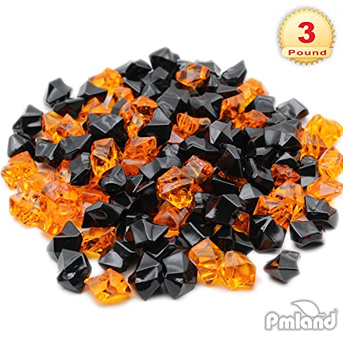 PMLAND Clear Fake Ice Rocks – 550 Pcs Large Acrylic Gems Crushed Plastic Diamonds, Black Orange (3Lbs/2.25 Quarts) – Bulk Vase Filler for Centerpieces Halloween Theme Décor Aquarium Table Scatter - color: Orange and Black