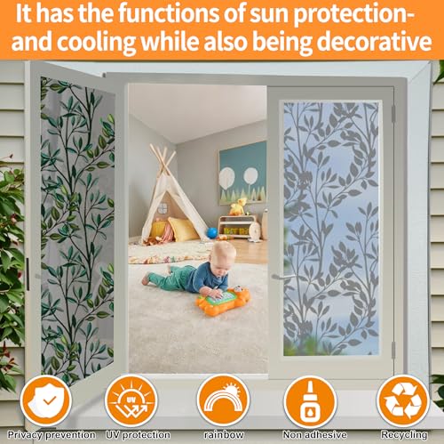 One Way Privacy Film, Window Tint for Home,Daytime Reflective, Anti UV Static Cling Sliding Door Coverings No Glue Garage Solar Paper (Black - Silver-Leaves, 17.5 x 78.7 in) - color: Black Silver-leaves, size: 17.5 in X 78.7 in
