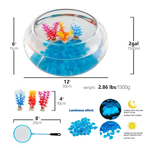 2 Gallon Glass Fish Bowl with Decor, Include Fluorescent Stones & Colorful Plastic Trees, High White Glass for Clear View, Small Fish Bowl/Vase/Aquarium for Betta Fish/Goldfish, Nice Home Décor - color: 2 gal fish bowl