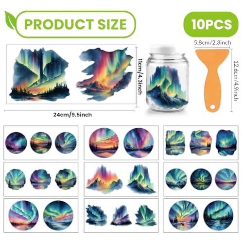 arricraft 10 Sheets Watercolor Aurora UV DTF Cup Wrap for 16OZ Glass, Colorful Aurora Snow-Capped Mountains Rub on Decals PVC Transfer Stickers for DIY Cups Wood Funiture 24x11cm/9.4x4.3inch - style: Watercolor Aurora Theme