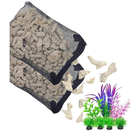 Premium Aquarium Crushed Coral Filter Media Set, 2.2lb Bio Filter Bags with Artificial Plants, pH Balancing for Freshwater Aquarium