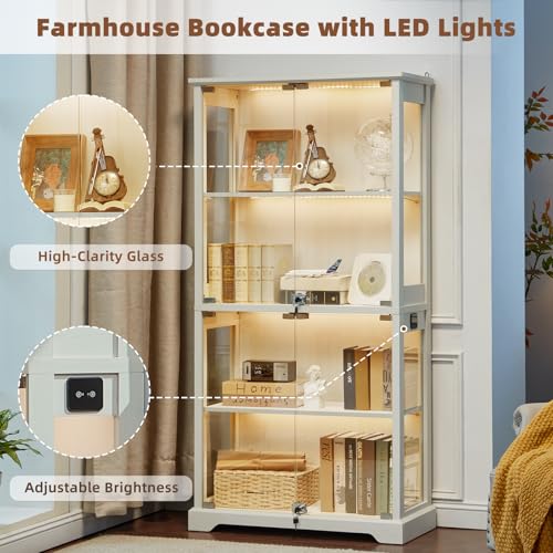 LELELINKY Farmhouse Glass Display Cabinet with Doors, Wooden Curio Cabinet for Collectibles with 3-Color LED Motion-Sensor Light & Reinforced Base, White - color: White, size: Single