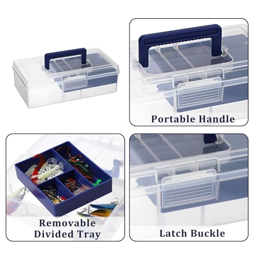 JUXYES Plastic Carry Storage Box with Removable Dividers, Clear Art Craft Supply Storage Bin Sewing Box with Handle Lid, 2 Layers Stationery Storage Case for School/Office Supplies - color: Blue
