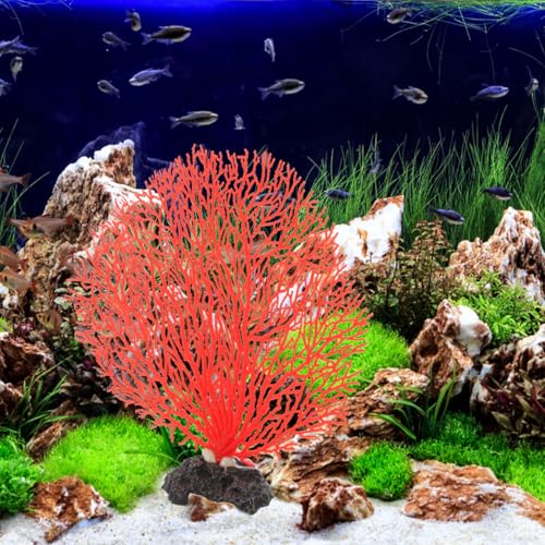 Didiseaon 2 Pcs Red Aquarium Coral, Fake Fish Tank Decor, Artificial Marine Plant Fan Faux Reef for Desktop Landscape