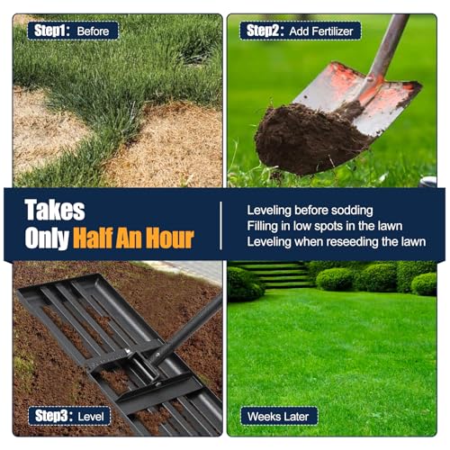 Lawn Leveling Rake 30"x10" for Lawn Care - 72" Extendable Stainless Steel Handle with Ergonomic Grip | Professional Grass Leveling Tool for Golf Courses, Soccer Fields, Backyard Turf Maintenance
