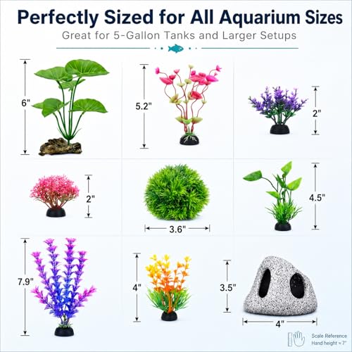 9 Pack Fish Tank Decorations for Betta Goldfish Bowl Decor | Aquarium Decor Kit, Betta Fish Tank Accessories, Hideout Cave, Moss Ball, Colorful Aquarium Plants for Resting, Hiding &Play