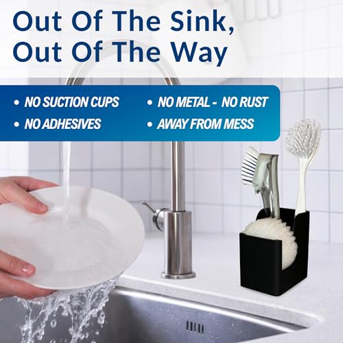 Spacewiser TidyNook Silicone Sink Caddy - Sponge Holder for Kitchen Sink, Dish Brush Holder, Fits Scrub Daddy Sponges, Scrub Mommy, and all Dish Sponges, Compact Kitchen Sinks Organizer Caddy, No Rust - color: Black