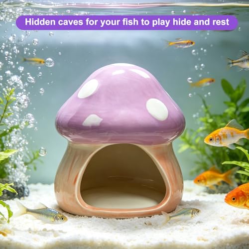 AnRui Ceramic Betta Fish Tank Accessories Decor Cute Mushroom House Aquarium Decoration Hideout Cave Ornament for Small Fish, Shrimp, Goldfish and Reptiles (Purple) - color: Purple