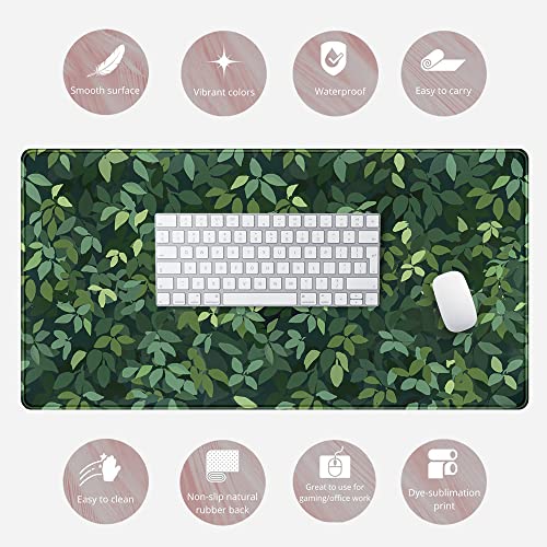 Cute Cat Kawaii Green Desk Mat - Large Gaming Mouse Pad & Keyboard Laptop Mat - Anime XL (31.5x15.7 in) - Non-Slip Base, Stitched Edges - color: Green Plants Black Cat