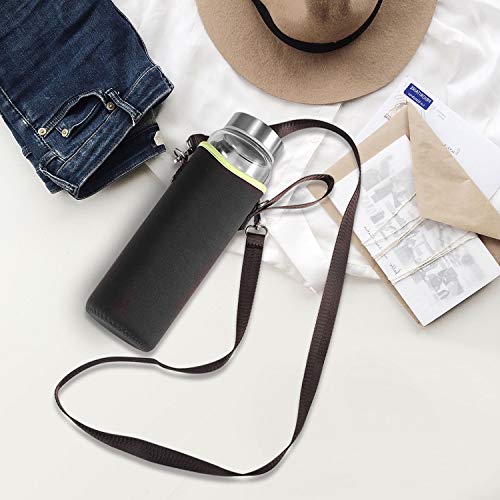 Sursip 32 oz Glass Water Bottle - Nylon Bottle Protection Sleeves, Stainless steel Lid, And 1L Time Marked Measurements, Reusable, Eco-Friendly, Safe for Hot Liquids Tea Coffee Daily - color: Wide-Black