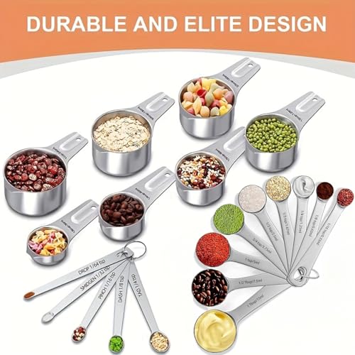 21PCS Measuring Cups and Spoons Set, Include 7 Nesting Measuring Cups, 9 Measuring Spoons and 5 Mini Spoons, Stainless Steel Metal Measuring Set, Kitchen Gadgets for Cooking & Baking - size: 21PCS Set