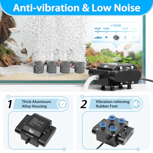 AQQA Aquarium Air Pump Powerful Pond Aerator Oxygen Pump 4 Outlets Adjustable Hydroponic Air Bubbler Pump with Air Stone Tube Air Valves for Up to 1000Gal (15W,356GPH) - size: 15W (356GPH)