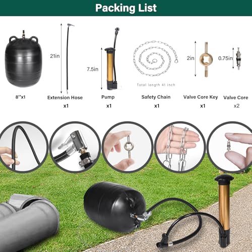 8 Inch Inflatable Pipe Plug Kit with Fast Air Pump & Extension Hose, Heavy Duty Rubber Sewer Test Ball with Safety Chain & Valve Tool for Drain Blocking & Leak Testing(Fits 7.8"-8.2" Pipes) - size: 8 Inch