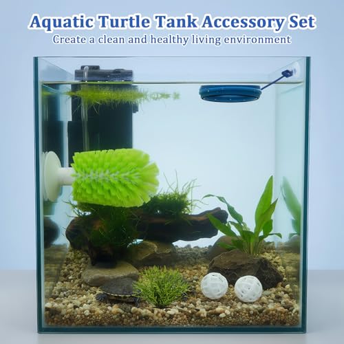 Turtle Brush with Filter Ball & Feeding Ring, Suction Cup Turtle Tank Decorations, Securely Adheres to The Surface of Water Tanks, for Remove Dirt from The Turtle's Back and Belly