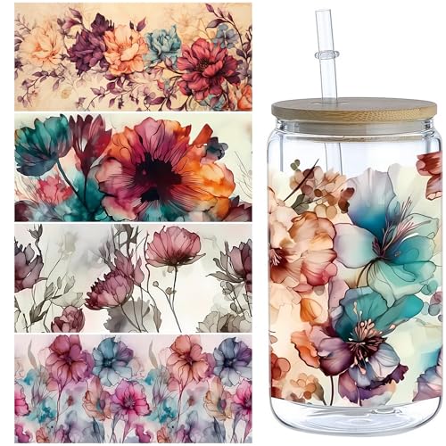 5 Sheets Flower UV DTF Transfer Stickers, for Glass Tumbler, Waterproof Decals, Plastic Adhesive Label for Bottles and Cups Decor (Style1-5 Sheet) - color: Style1-5 Sheet