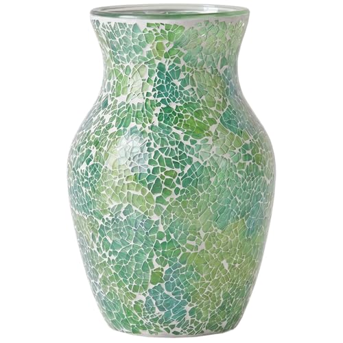 8" Organic Green Mosaic Vase, Heavy Glass Healing Spring Decor Centerpiece, Hand-Pasted Crackle Glass Flower Vase with Anti-Slip Base, Boho Nature Accent for Living Room & Bathroom - color: Organic Green