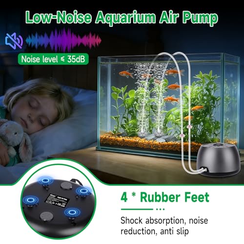 hygger Quiet Adjustable Aquarium Air Pump, 5W/8W Dual Output Fish Tank Air Pump, Energy-Saving Oxygen Aerator with Air Stone Bubbler for Fish Tank, Hydroponic - size: 5W (Tank Up To 150 Gal)