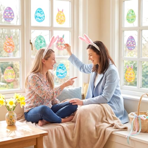 Renbuzhu 48PCS Easter Crafts Bulk: Eggs Paper Suncatchers DIY Kit for Activities Decorations, Window Stained Glass Effect Art Ornaments - style: easter egg