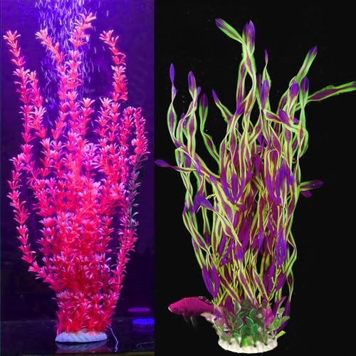 2 Pack Aquarium Decor Artificial Seaweed Water Plants, Extra Large 23.6 Inches Fish Tank Plastic Plants, Tall Fish Tank Decorations with a Aquarium Diver Ornament (Red) - color: Red