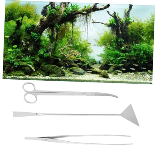 COLLBATH 3-pc Set Aquarium Cleaning Tool Kit Curved Scissors Straight Tweezers Shovel Stainless Steel Non-Slip Handle