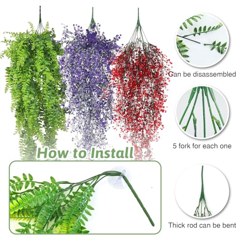 3 Pack Reptile Plants Terrarium Hanging Fake Vines with Suction Cup Artificial Leaves for Bearded Dragons Lizards Geckos Snake Hermit Crab (Green, Purple and Red) - color: 3 Pcs ( Green, Purple and Red )