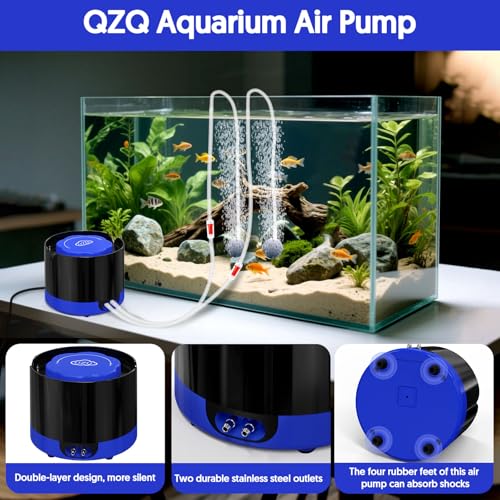 QZQ Aquarium Air Pump, Quiet Fish Tank Air Pump with Dual Outlets, 3W/5W Powerful Adjustable Oxygen Pump with Accessories, Aquarium Bubbler Aerator for Fish Tank Up to 80 Gallon (3W) - style: 3W(95GPH)