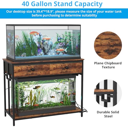 VOWNER 40 Gallon Aquarium Stand with Power Outlet, Metal Frame Fish Tank Stand with Cabinet Storage, Double Turtle Reptile Terrariums Tank Stand, 39.4" L*18.9" W Tabletop, 660LBS Capacity, Brown - color: Rustic Brown + Black
