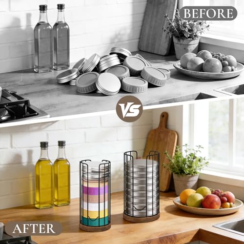 Mason Jar Lid Organizer, 2-Pack Mason Jar Lid Holder with Wood Base & Metal Frame, Mason Jar Lid Storage Accessories for Kitchen Countertop or Cabinet, Fit Mason/Canning/Bamboo Lids