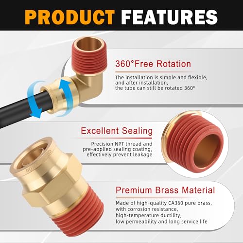 5PCS 1/2" Tube OD x 1/2" NPT Thread Connect Fittings Brass 90 Degree Union Elbow Joint DOT Approved ，Air Line Adapter Air Suspension Kit for Truck Trailers and Air Brake System - size: 1/2" OD x 1/2" NPT, style: Quick Push 90° Elbows-5PCS