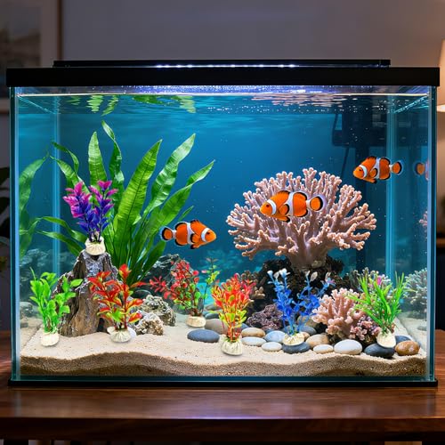 10Pcs Aquarium Artificial Plastic Plants, Colorful Fake Fish Tank Decorations with Ceramic Base, Realistic Aquarium Plants Suitable for Aquarium Landscape and Fish Hideout (Colorful) - color: Colorful
