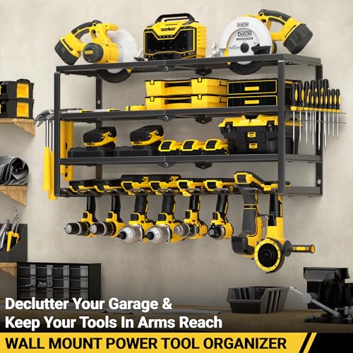 YYR 4 Layer Power Tool Organizer Wall Mount, Cordless Drill Hanger Storage Rack, Battery Tools Holder with Charging Station Shelf for Garage Organization, Workshop, Pegboard, Shed - 32 Inch 8 Slots - size: 32 Inch 8 Drills Holder