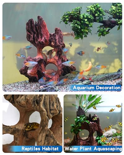Aquarium Driftwood Fish Cave for Betta Fish Shrimp Hideout,10-12" Natural Porous Driftwood for Aquascaping with Low Tannins,Reptiles Shelter Fish Tank Decoration with Protein Cotton(No need to boil)