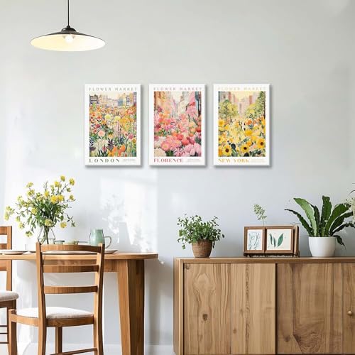 XLARTMY Flower Market Wall Art Print Canvas Framed Yellow Pink Floral Paintings Colorful Botanical Sunflower Artwork Travel Poster for Decor Picture 3 pieces for Living Room Bedroom Bathroom 16x24in - color: Flower Market-2, size: 16x24in Canvas