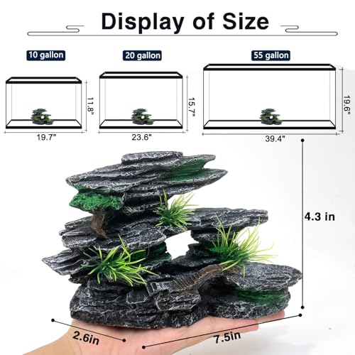 Aquarium Mountain View Stone Ornament Tree Rock Cave Aquarium Decorations for Fish Tank Decorations for Small Fish Tank - 7.5 Inches Long - color: Black Mountain View, size: Small - Mountain View