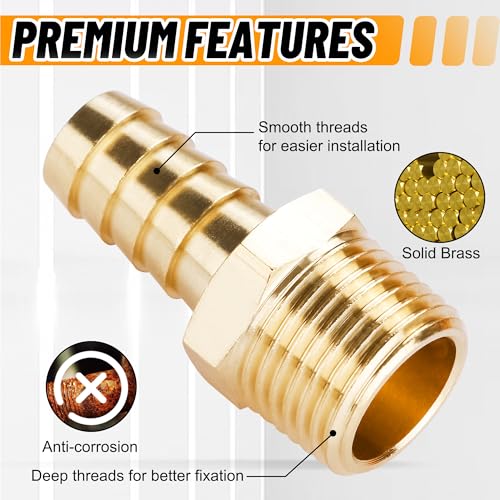 22Pcs Brass Hose Fittings, 3/8" Barb to 1/4" NPT, 1/4" Barb to 1/4" NPT Male, 1/8" 1/4" 3/8" 1/2" Barbed Air Hose Kit with 44Pcs Pipe Hose Clamps - size: 22pcs barb adapter