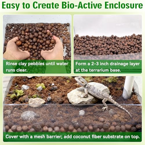 8QT Leca Clay Pebbles for Reptile Substrate - Organic Expanded Clay Balls for Bioactive Terrarium Drainage Layer & False Bottom, Lightweight Hydro Balls for Leopard Gecko, Tortoise, Frog