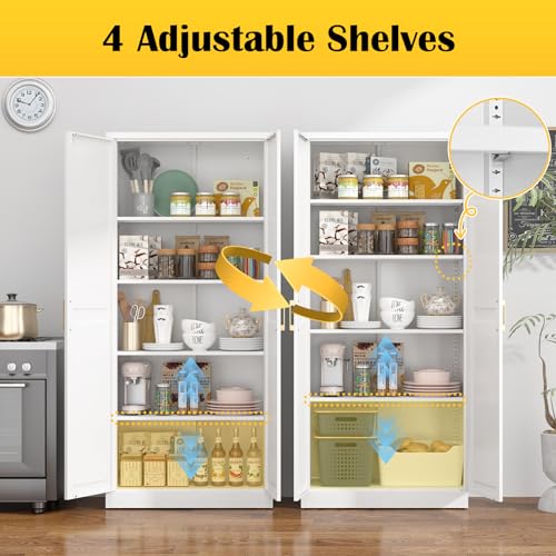SteeLoong Kitchen Pantry Cabinet,71”White Metal Pantry Storage Cabinet with Doors and 4 Adjustable Shelves,Kitchen Cabinet with 2 Gold Handles,Tall Cabinet for Livingroom,Pantry, Bathroom,Kitchen - color: White, size: 71"H